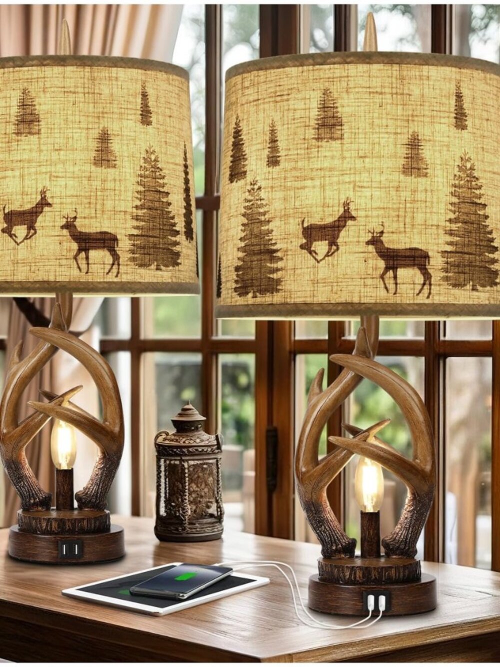 Rustic Farmhouse Antlers Table Lamp Set of 2 with Night Light